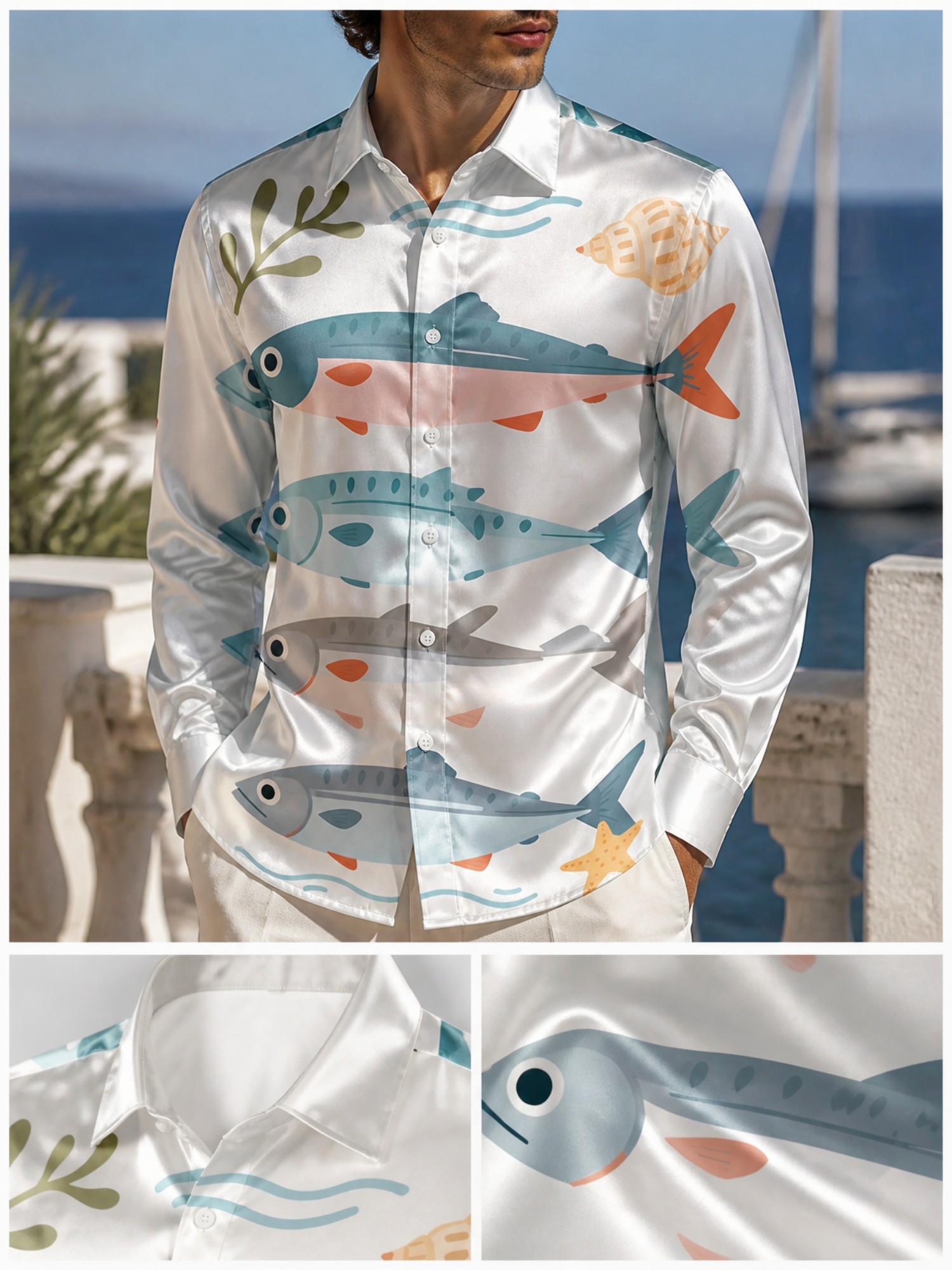 Mens Luxury Satin Long Sleeve  - Resort Shirt Floral review and price